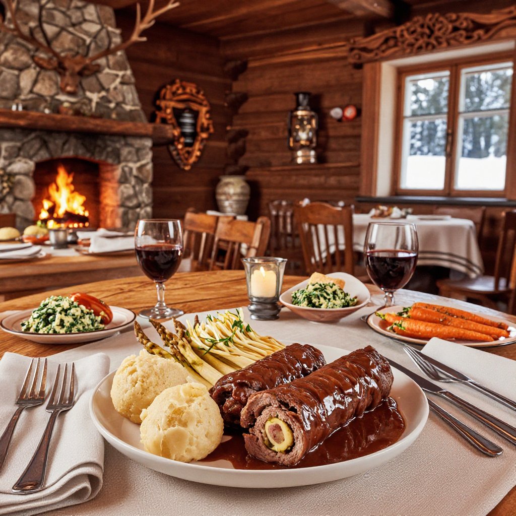 Ultra-photorealistic German Black Forest countryside inn cuisine scene featuring authentic Rinderroulade served inside a t...