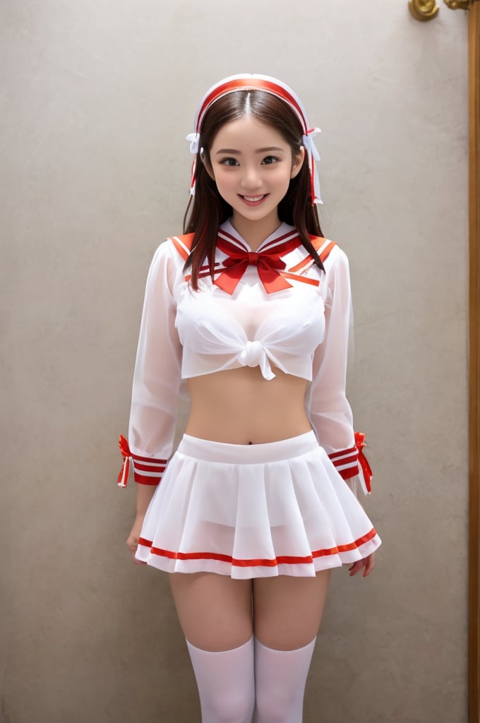 The person is wearing a bright,  anime-inspired cosplay transparent outfit with a sailor-style theme. The color scheme is...