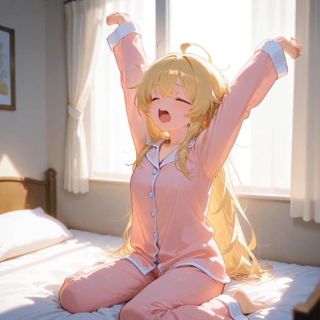 A girl just woke up,  sitting on the bed,  a soft room by Joyaiart on Tensor.Art