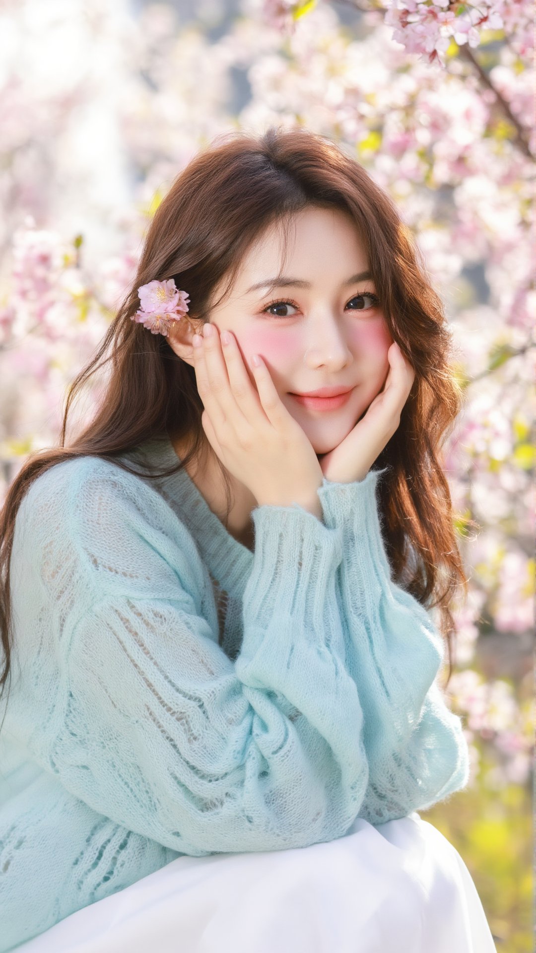 Photograph of an East Asian woman with long,  wavy brown hair adorned with a pink cherry blossom hairpin. She has a fair c...