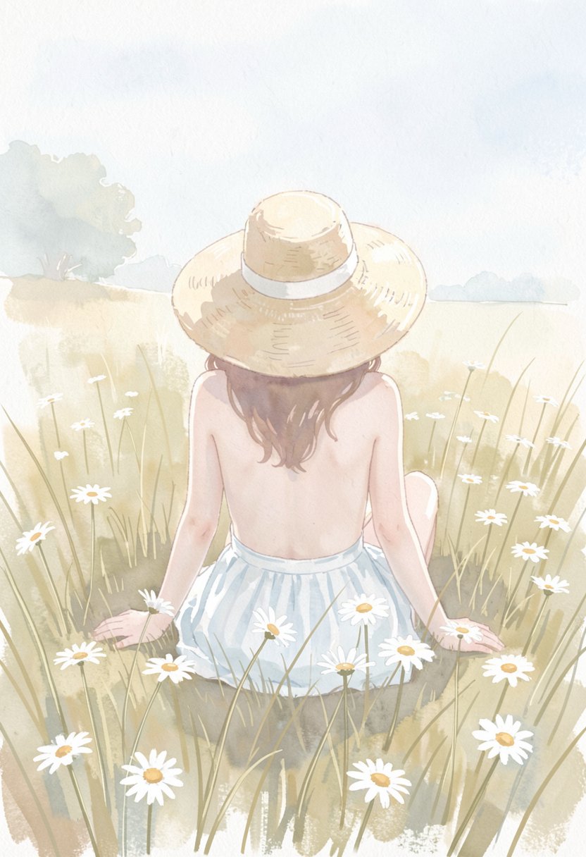 softwatercolor depiction of a woman sitting in a field of tall grass and daisies,  viewed from behind. She wears a wide-br...