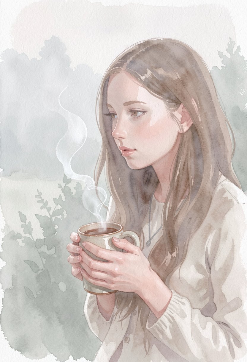 softwatercolor scene of a woman holding a warm ceramic mug in both hands,  looking thoughtfully out at a misty morning. So...