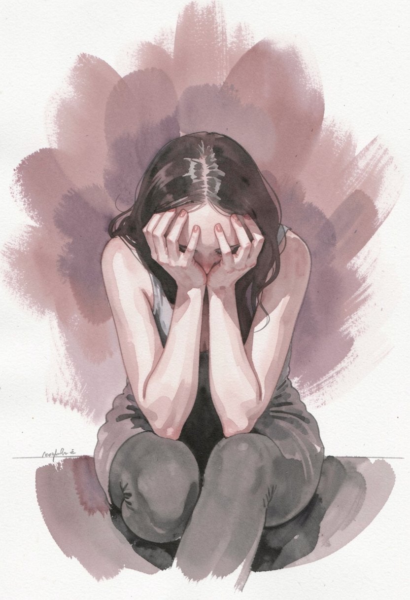 softwatercolor,  a raw,  emotional depiction of a woman seated with her elbows resting on her knees by riiwa on Tensor.Art