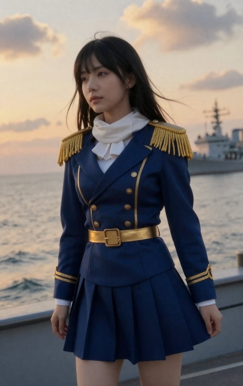In a casual relax pose captured from a full-body,  candid wide tilt low-angle view,  an anime warrior stands with a calm b...