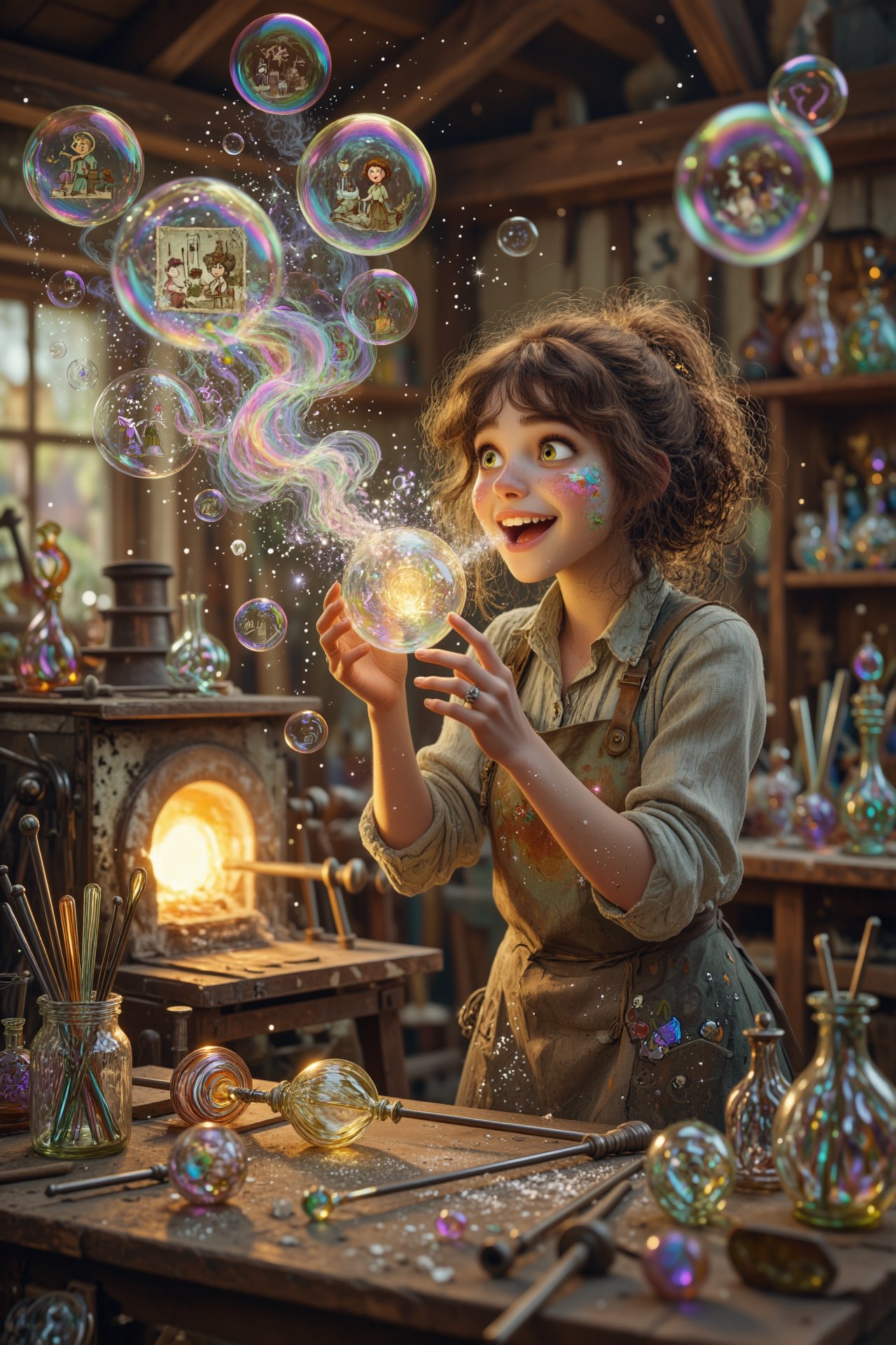 A whimsical glassblower with wild curly brown hair tied back in a loose ponytail and a smudge of molten glass on her left...