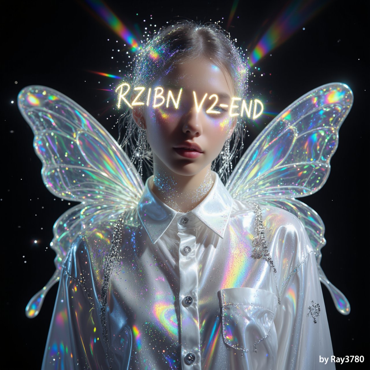 ultra hyperrealistic surreal fashion portrait of an ethereal androgynous figure wearing oversized glossy white silk shirt...