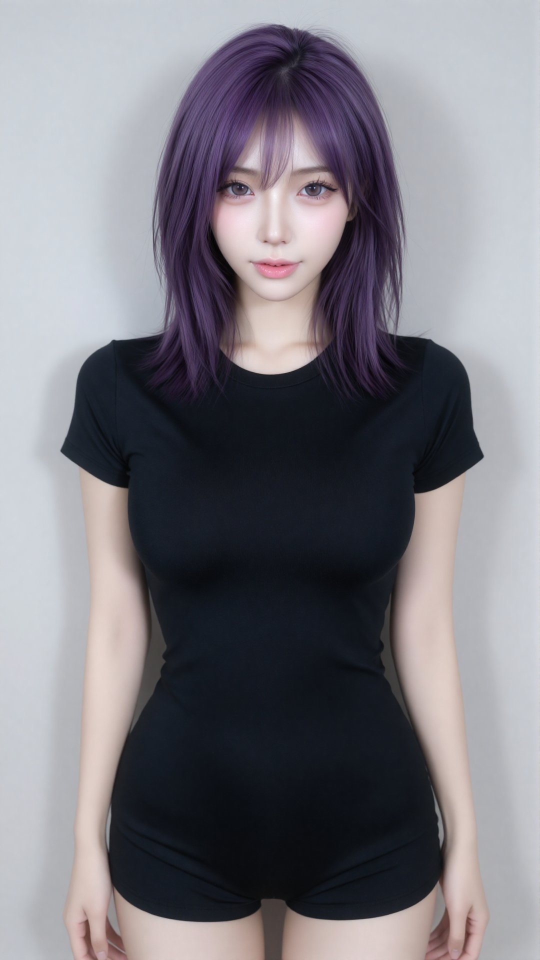photograph of an east asian woman with pale skin and straight,  shoulder-length purple hair with bangs,  she has large by...