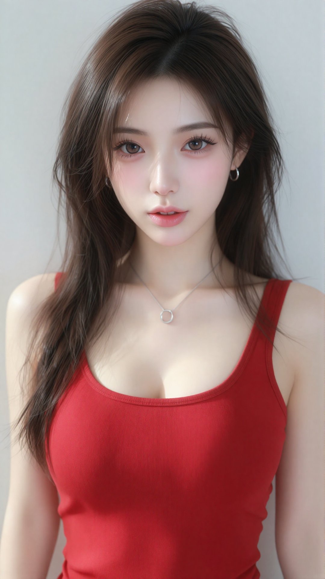 photograph of a young asian woman with fair skin and delicate features,  she has long,  brown hair styled in a loose side...
