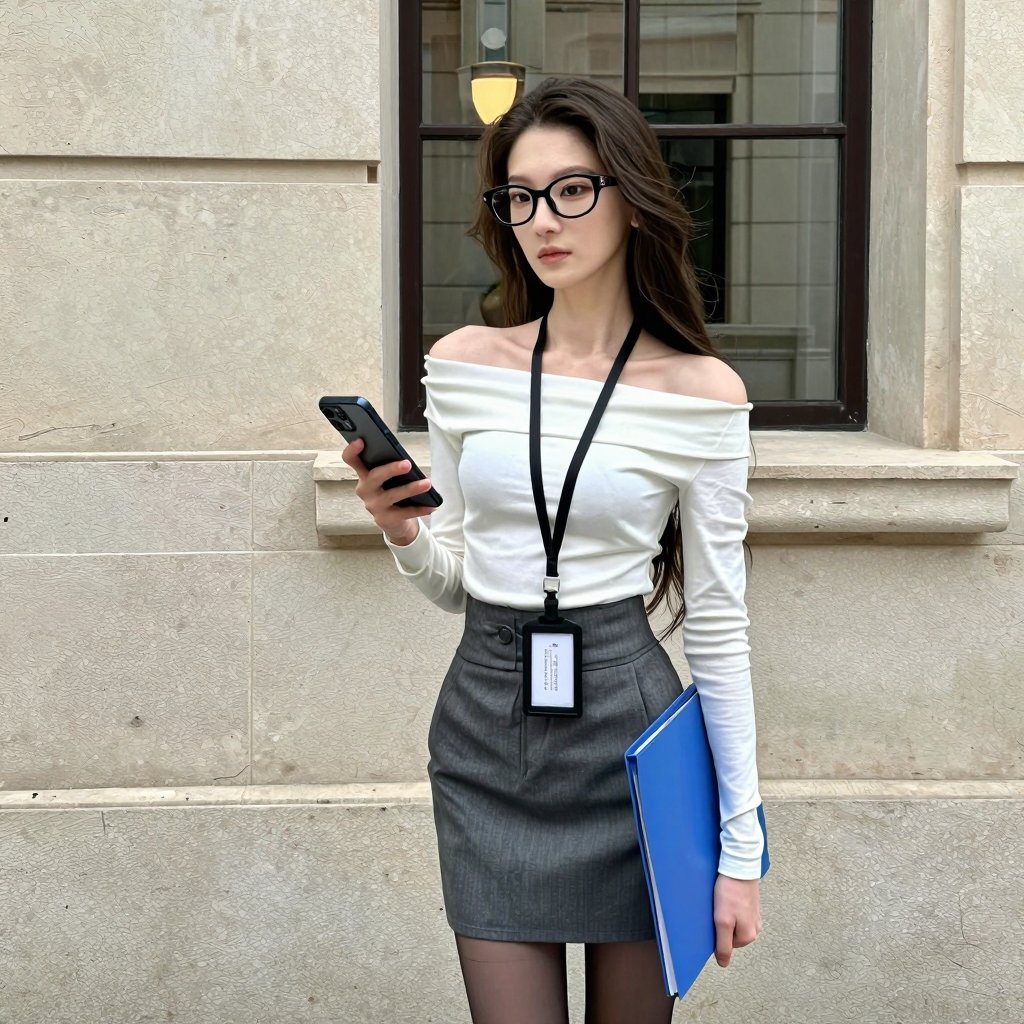 Asian woman,  这张照片中,  一位年轻女性站在一栋浅色石材建筑前。她戴着时尚的黑框眼镜 by 北落南鱼 on Tensor.Art
