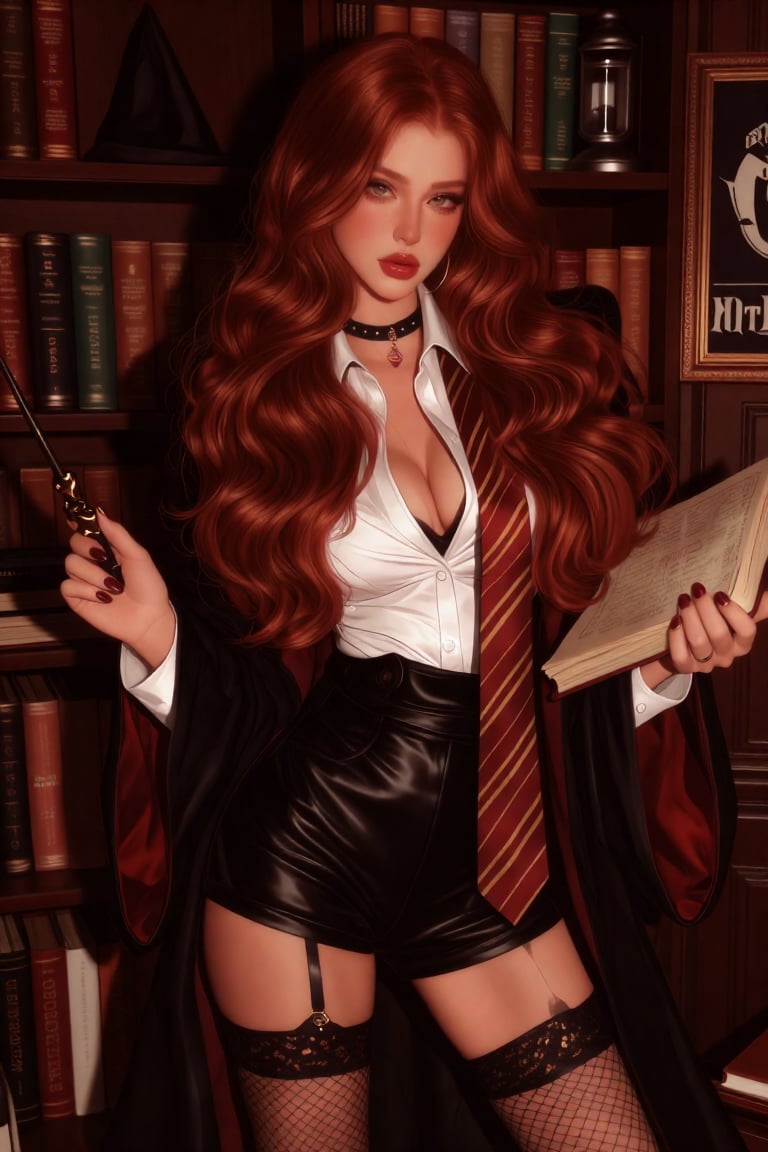 A young woman with long,  wavy red hair and fair skin stands in a cozy,  book-filled study by Nini on Tensor.Art