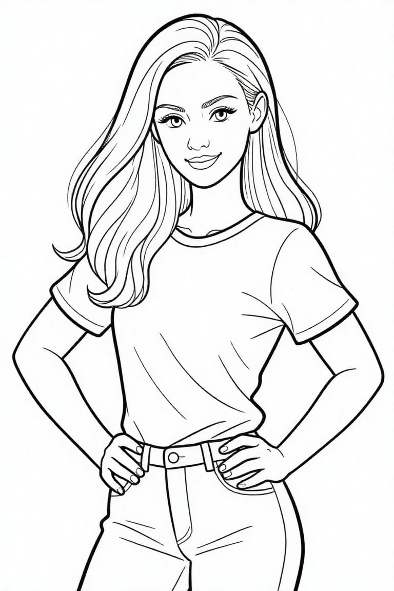 The image depicts a clean,  coloring book–style line illustration of a young woman with long,  flowing hair. She is wearin...