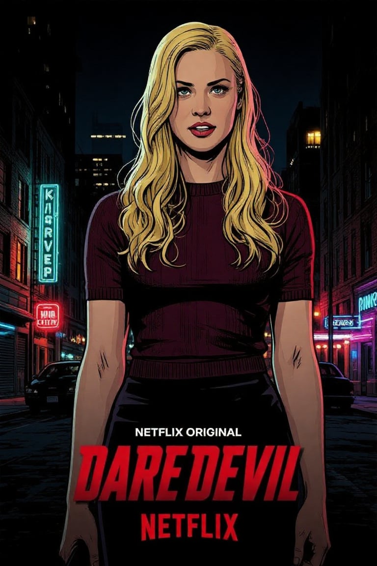 The woman in the illustrated poster stands confidently on a city street at night,  her long blonde hair cascading over her...