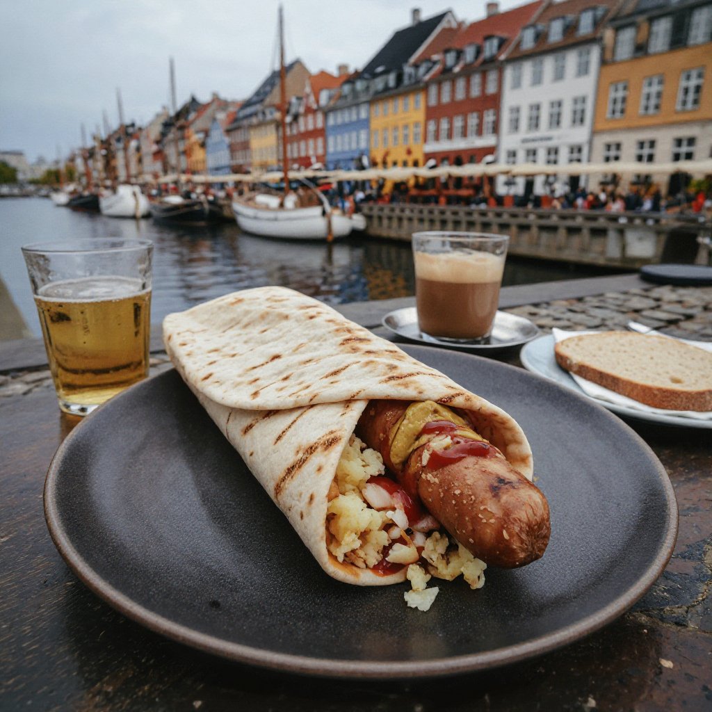 Ultra-photorealistic Copenhagen Nyhavn harbor outdoor scene featuring a fully rolled Tunnbrödsrulle placed strictly inside...