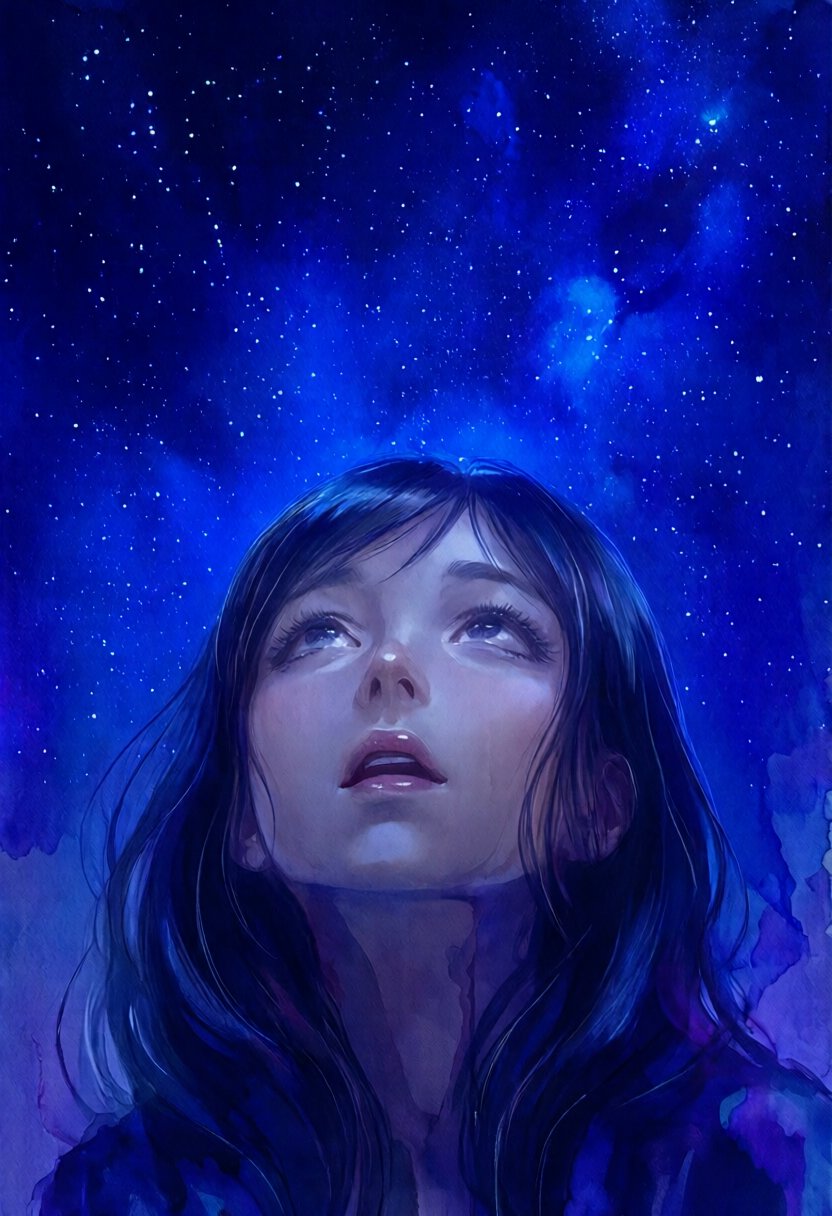 softwatercolor,  a woman viewed from a low angle,  her head tilted directly upward toward a vast sky by riiwa on Tensor.Art