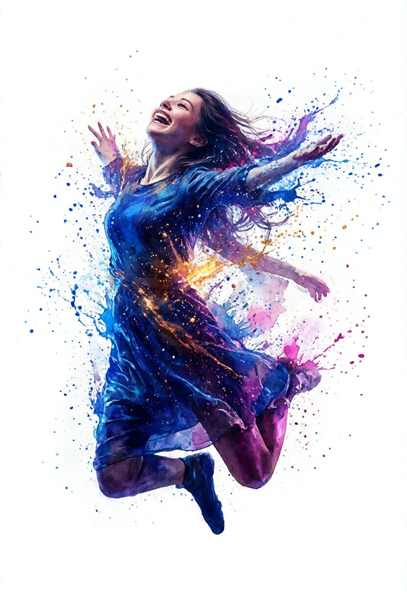 softwatercolor,  a dynamic full-body shot of a woman caught mid-leap,  arms thrown wide to the sky with a brilliant by rii...