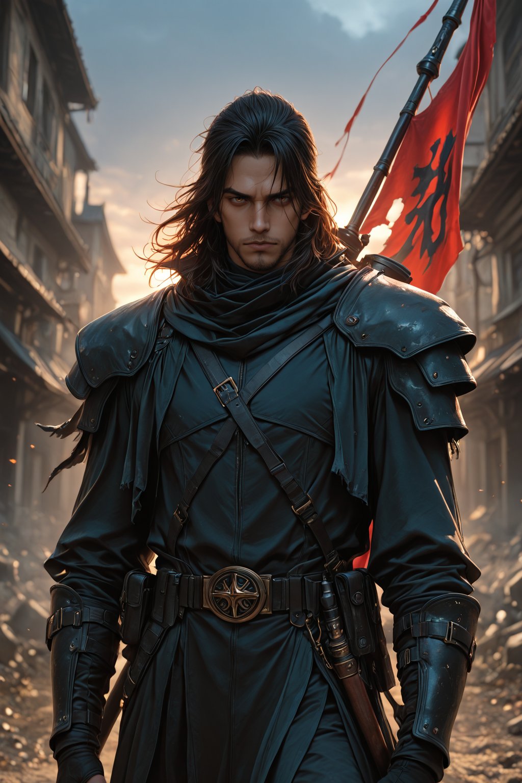 ........... Rebel leader rallying troops A charismatic man with unkempt hair and a torn red banner draped over his shoulde...