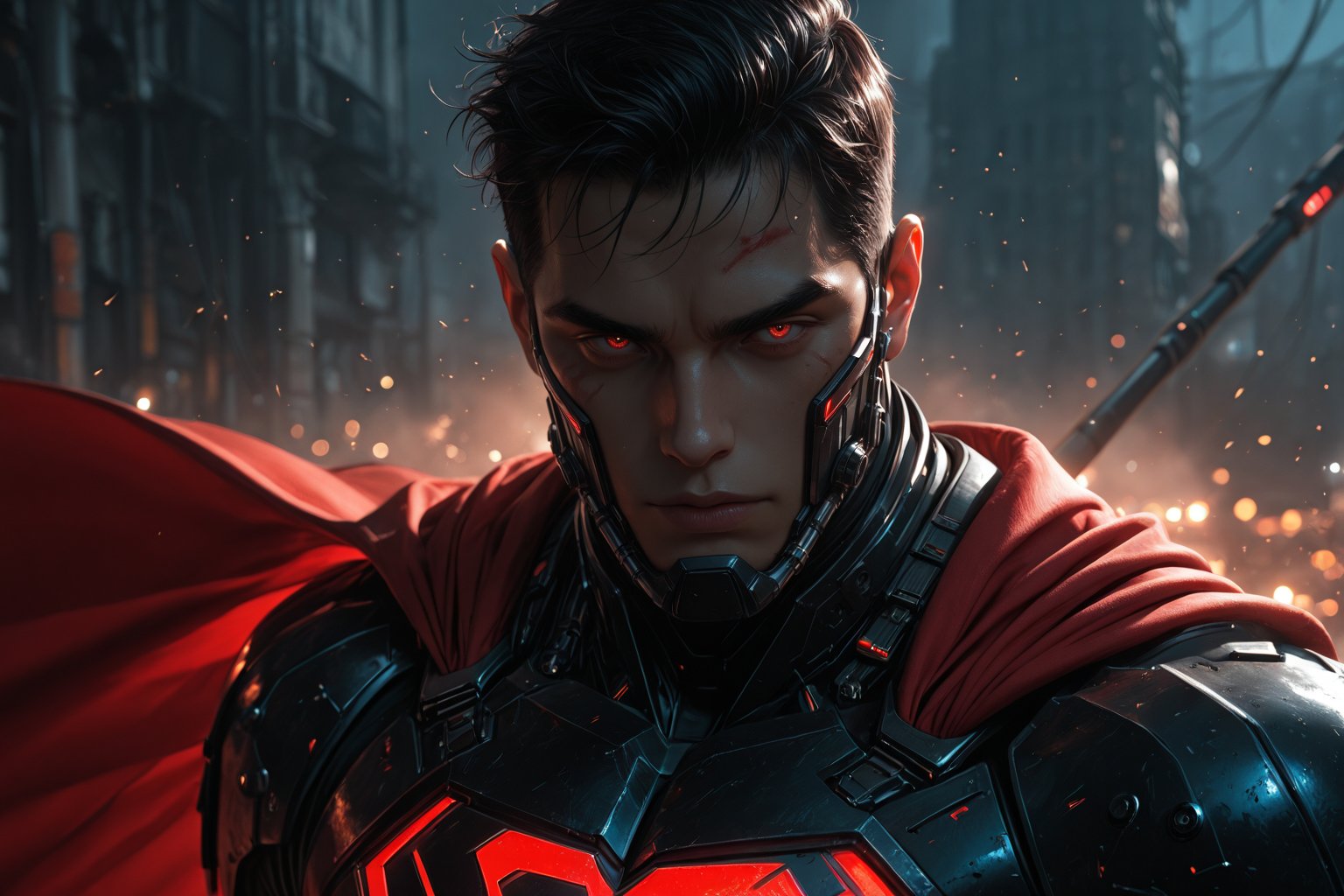 .......... ),  ((Superman)) in futuristic black armored suit with glowing red neon accents,  open detailed face fully visi...