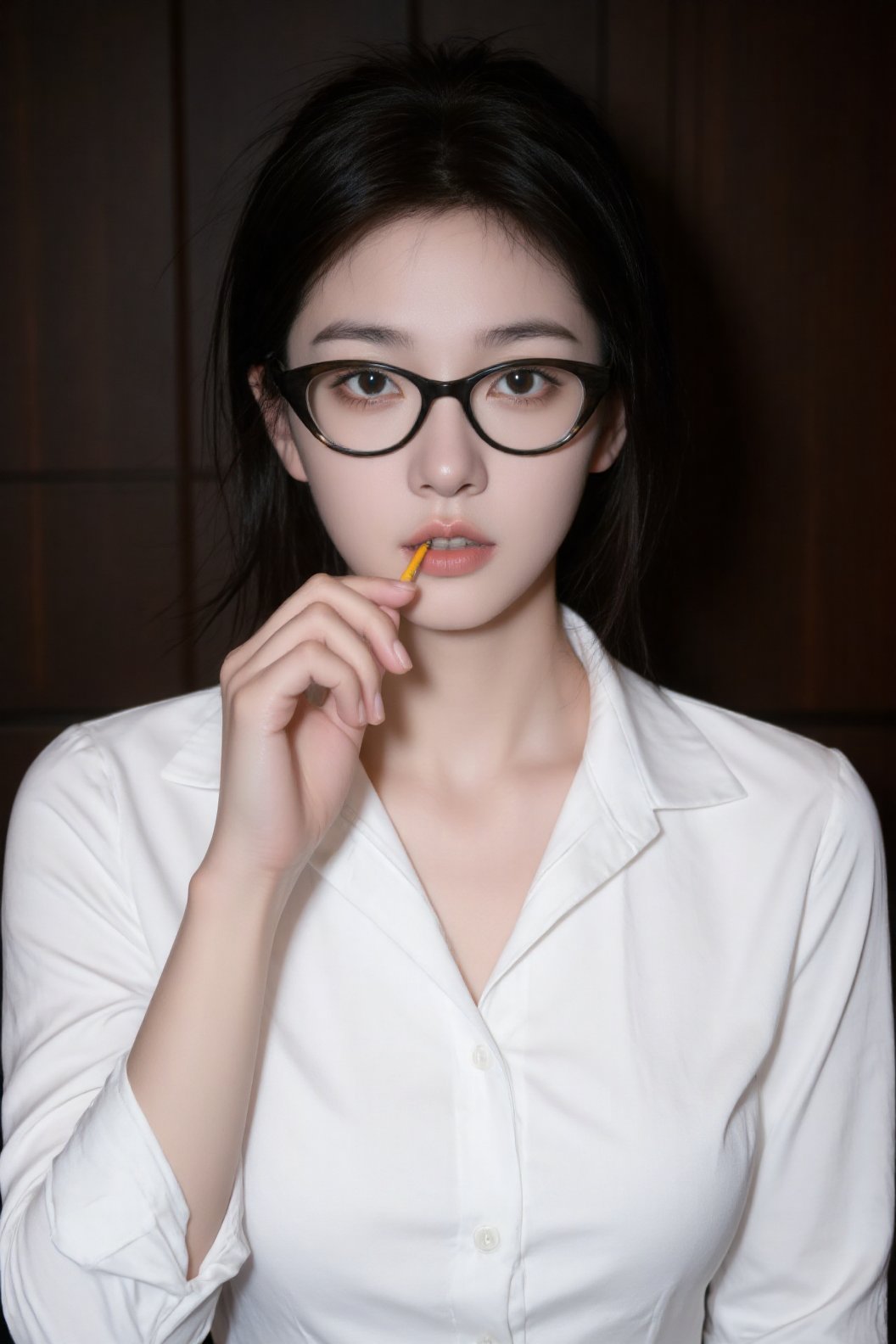 a medium-sized Asian woman with dark brown hair,  wearing a white button-down collared button-up shirt,  is holding a yell...