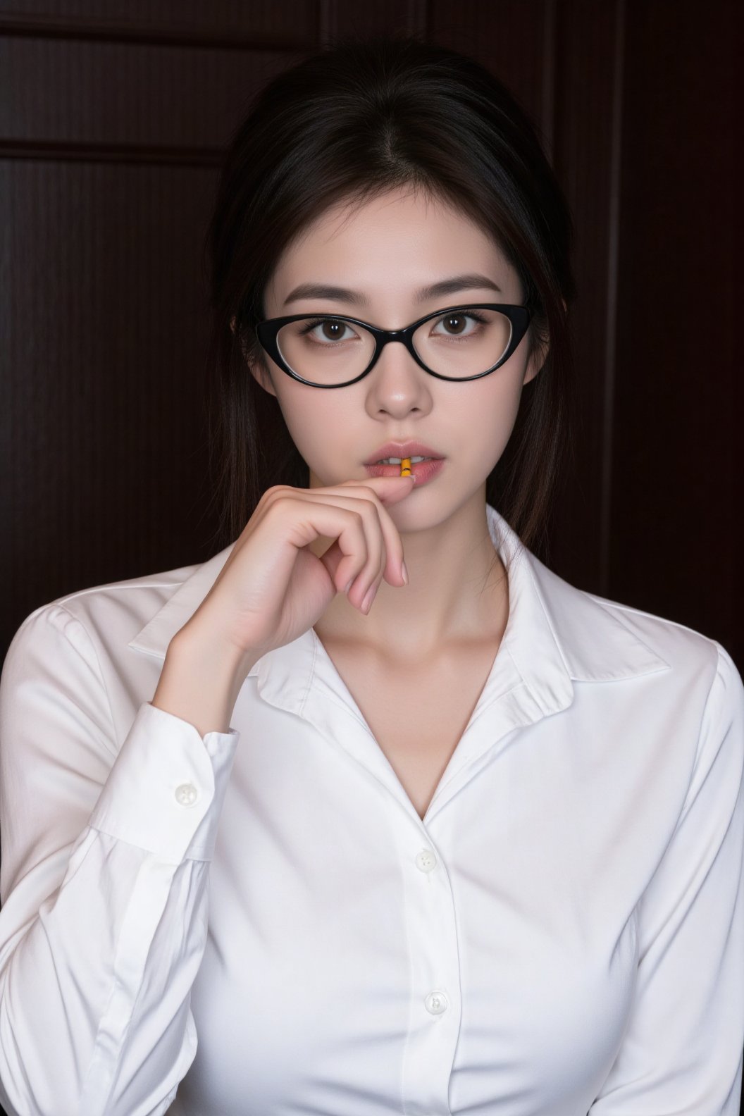 a medium-sized Asian woman with dark brown hair,  wearing a white button-down collared button-up shirt,  is holding a yell...