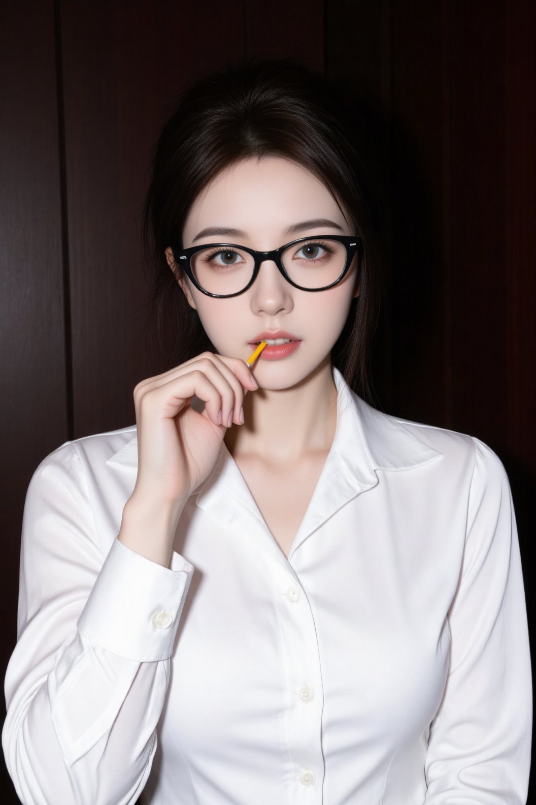 a medium-sized Asian woman with dark brown hair,  wearing a white button-down collared button-up shirt,  is holding a yell...