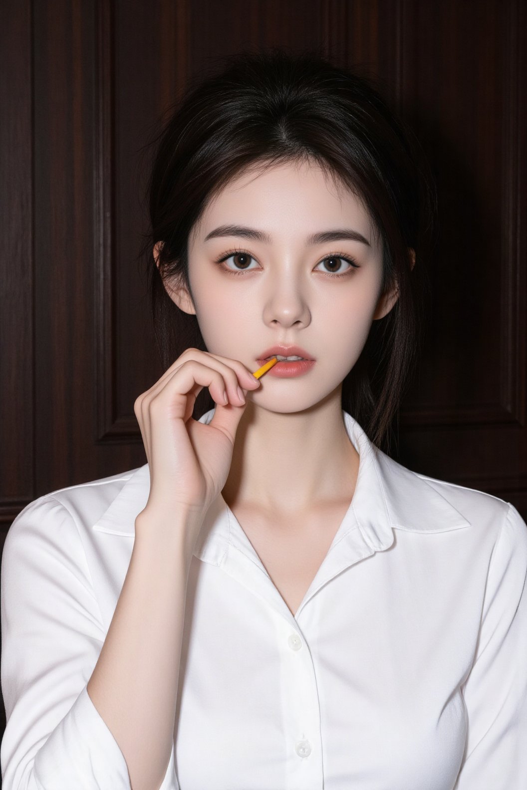 a medium-sized Asian woman with dark brown hair,  wearing a white button-down collared button-up shirt,  is holding a yell...