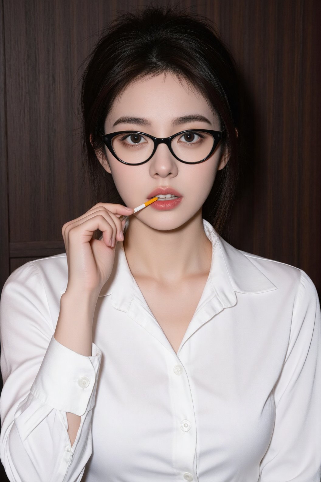 a medium-sized Asian woman with dark brown hair,  wearing a white button-down collared button-up shirt,  is holding a yell...