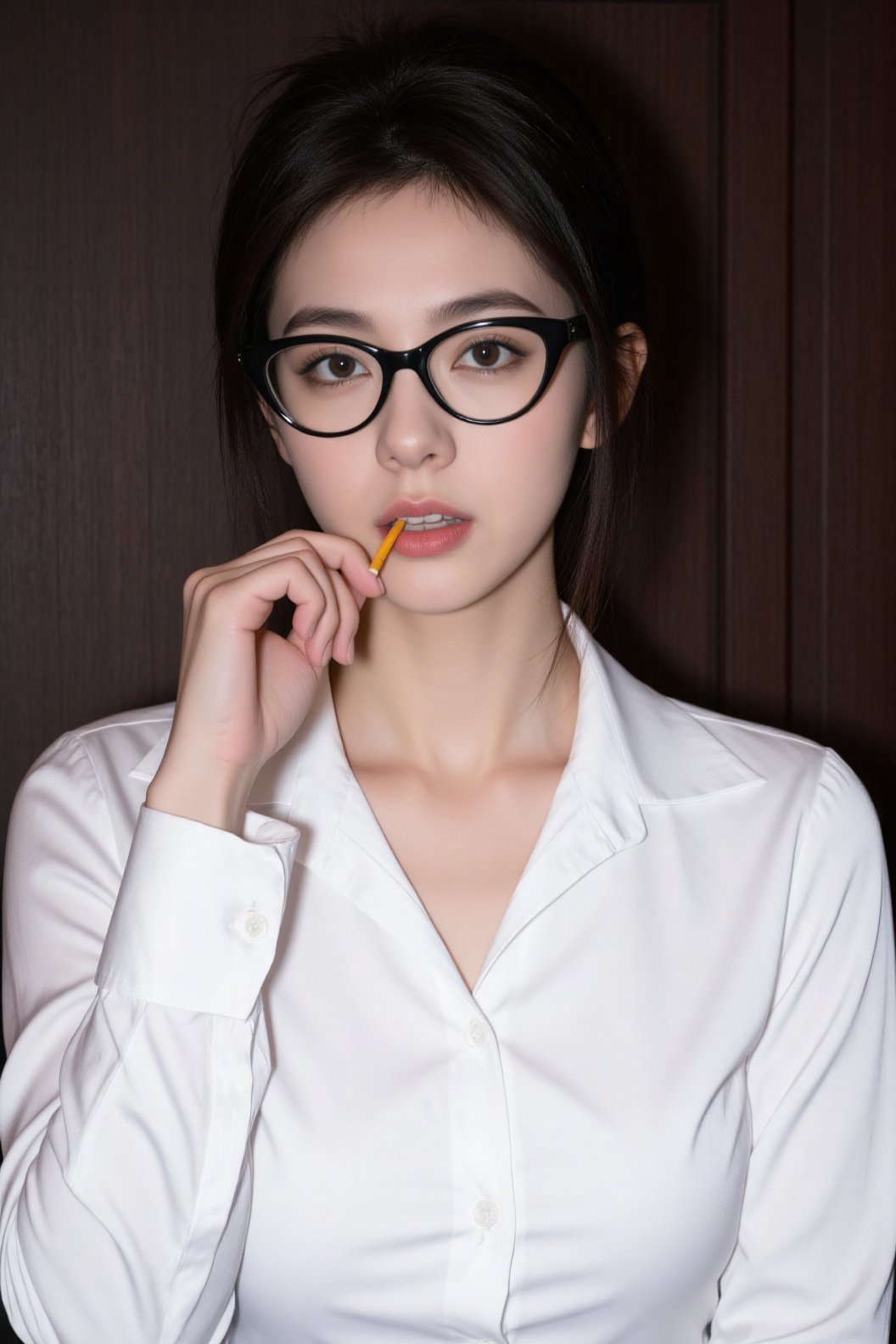 a medium-sized Asian woman with dark brown hair,  wearing a white button-down collared button-up shirt,  is holding a yell...