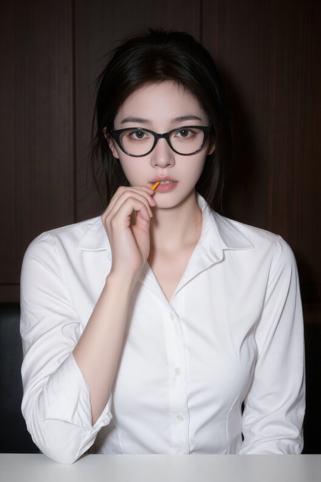 a medium-sized Asian woman with dark brown hair,  wearing a white button-down collared button-up shirt,  is holding a yell...