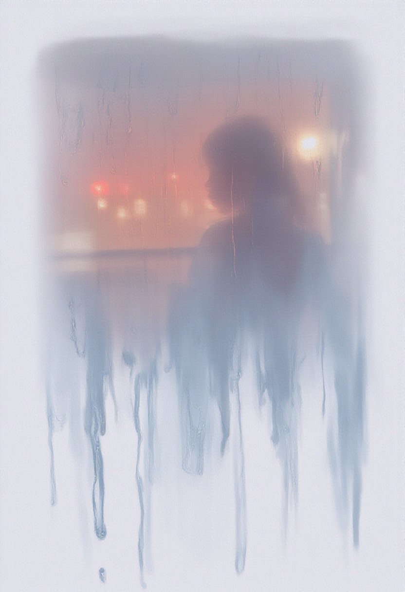 softwatercolor painting of a woman looking through a rain-streaked windowpane. The focus is atmospheric,  with blurred ref...