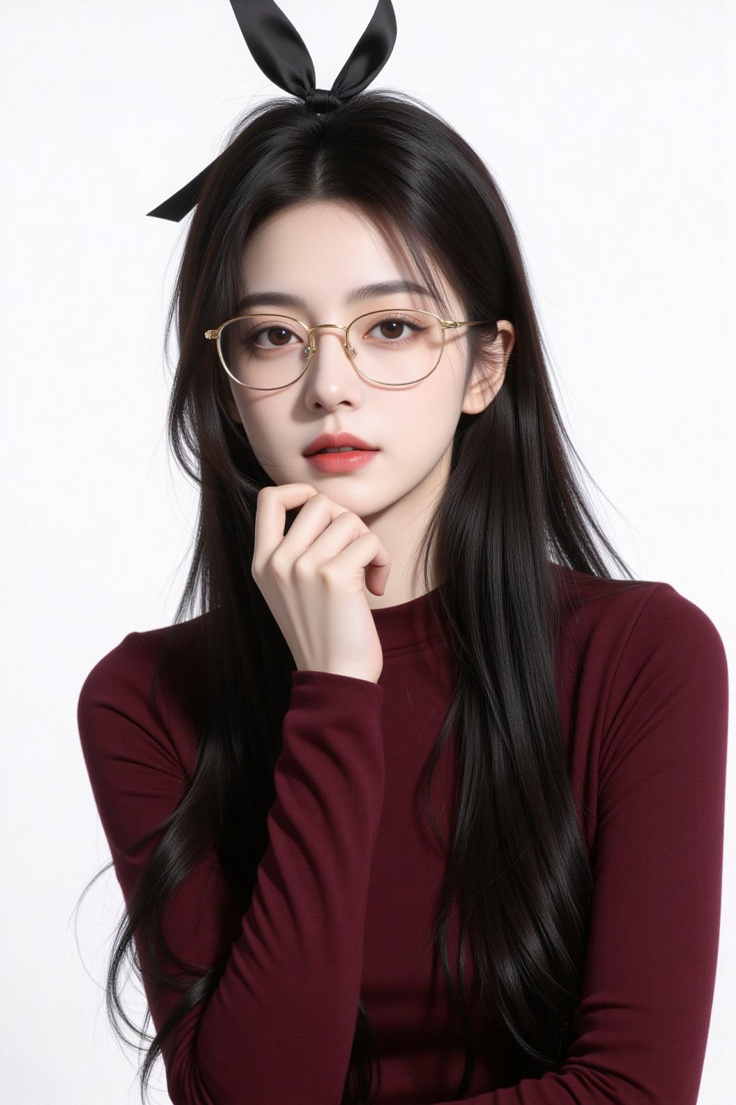 The image depicts a digital artwork of a young woman with long,  dark hair styled with a black ribbon. She is wearing glas...