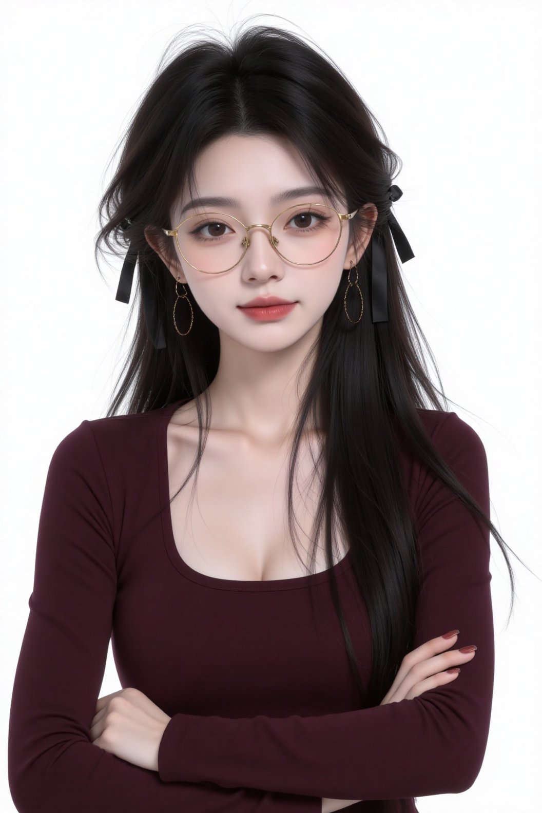 The image depicts a digital artwork of a young woman with long,  dark hair styled with a black ribbon. She is wearing glas...