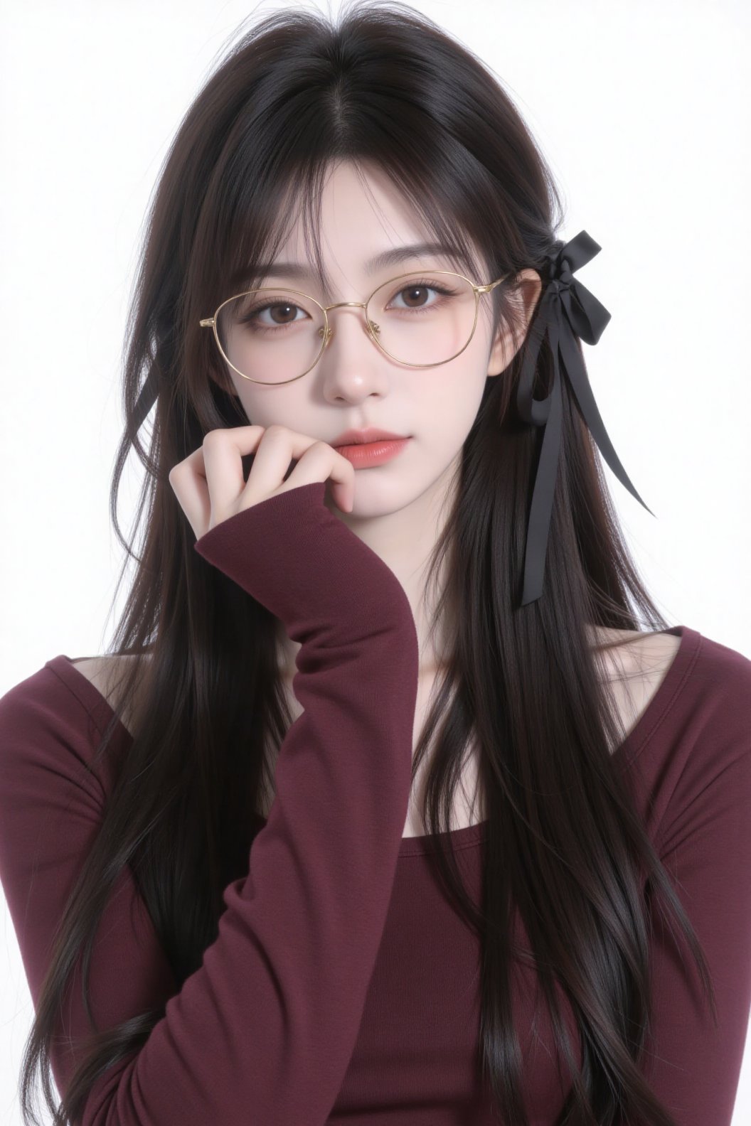 The image depicts a digital artwork of a young woman with long,  dark hair styled with a black ribbon. She is wearing glas...
