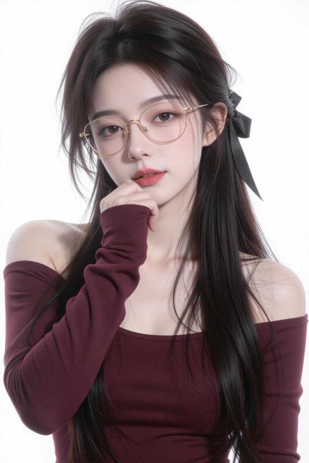 The image depicts a digital artwork of a young woman with long,  dark hair styled with a black ribbon. She is wearing glas...