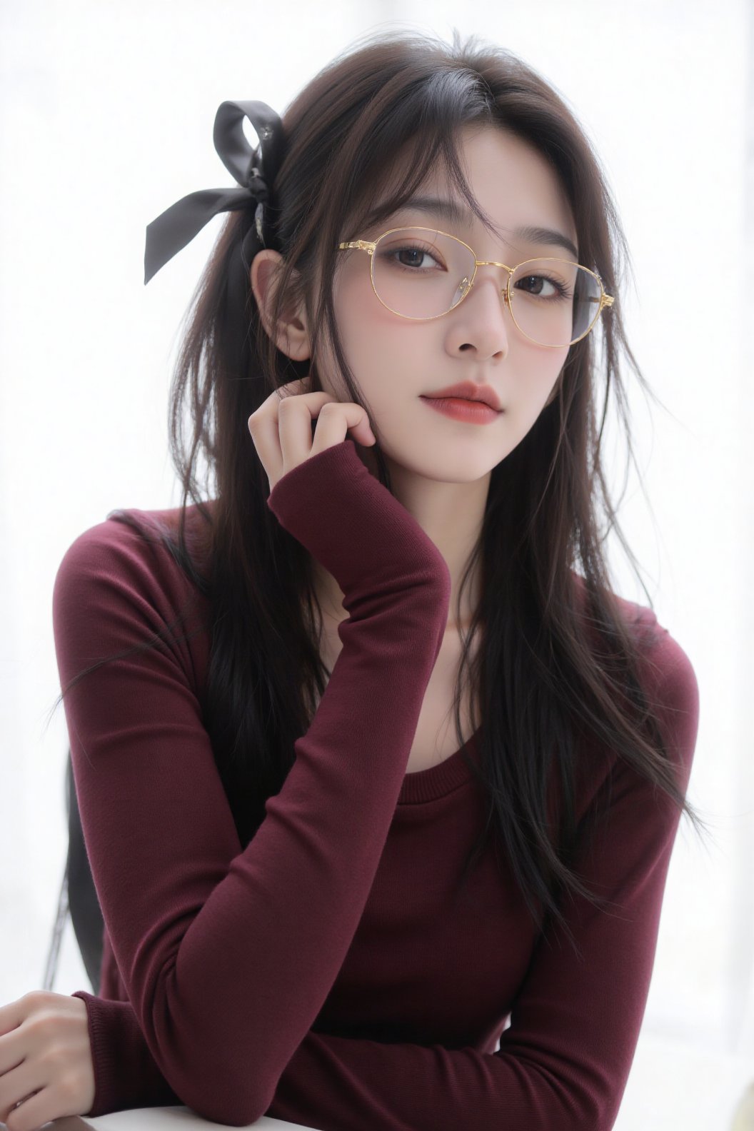 The image depicts a digital artwork of a young woman with long,  dark hair styled with a black ribbon. She is wearing glas...