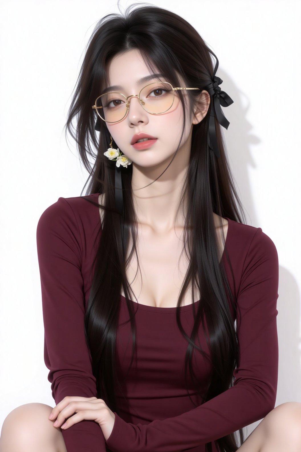 The image depicts a digital artwork of a young woman with long,  dark hair styled with a black ribbon. She is wearing glas...