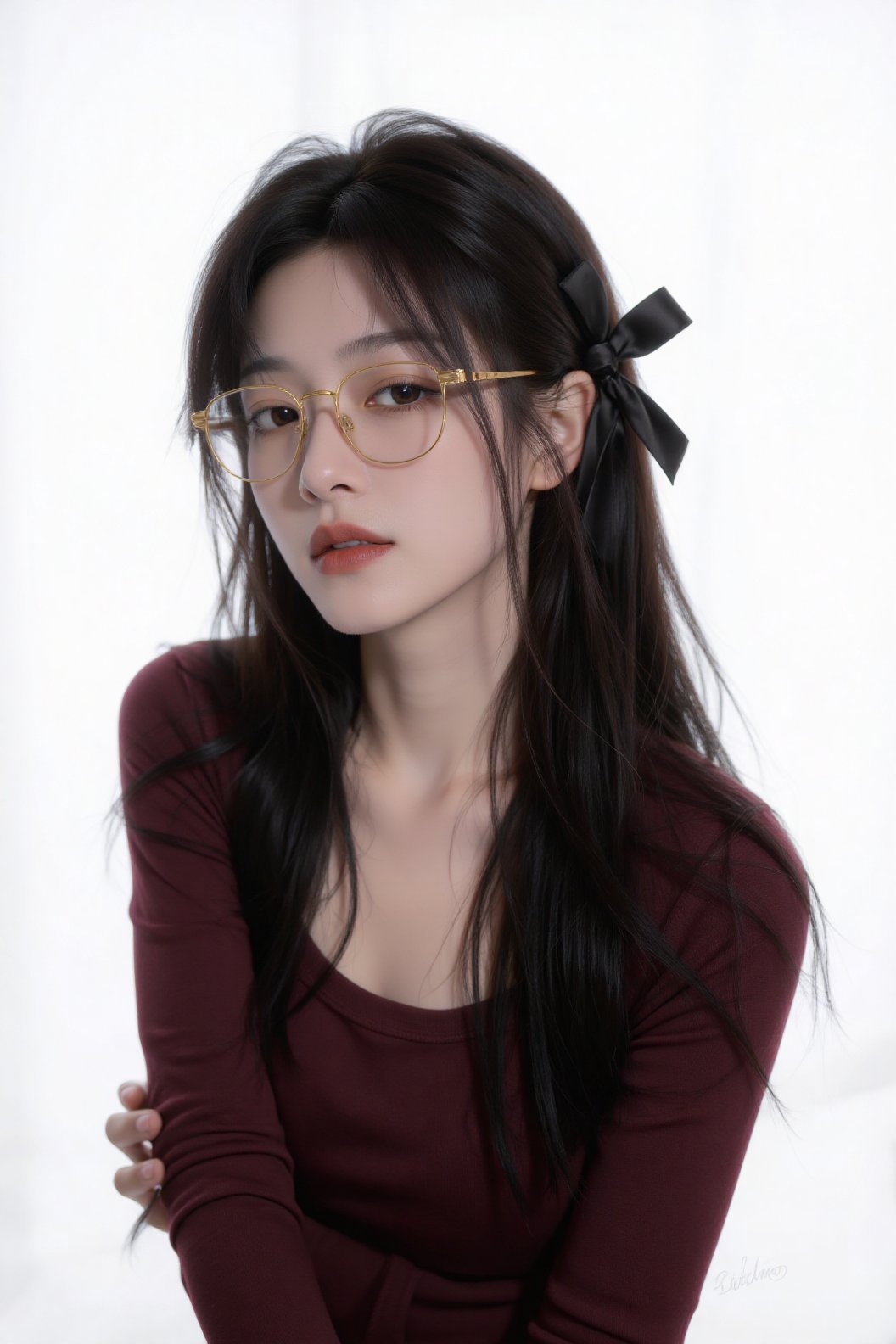 The image depicts a digital artwork of a young woman with long,  dark hair styled with a black ribbon. She is wearing glas...