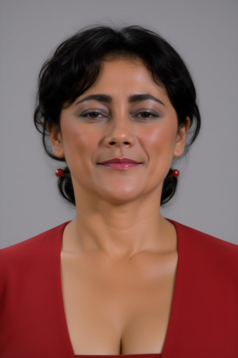 A close-up photograph of a smiling woman with medium skin tone and dark hair wearing red earrings and a red top. by Zero-M...