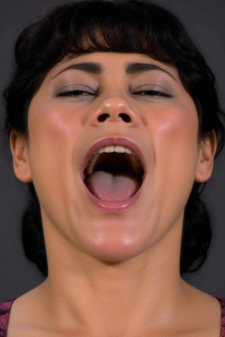 Close-up photograph focusing on a woman’s head and upper body,  centered on her wide-open mouth,  showcasing the throat. B...
