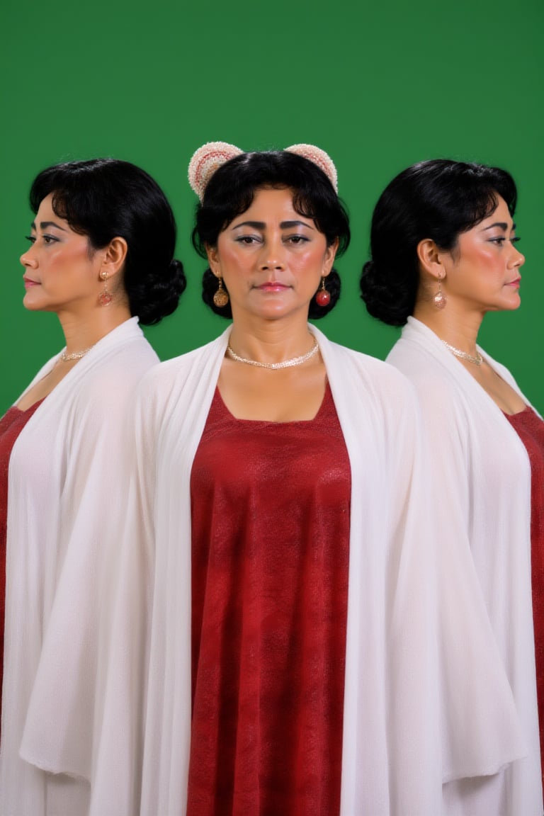 1girl A photograph of a middle-aged woman with medium brown skin and curly black hair wearing a red top and white jacket w...