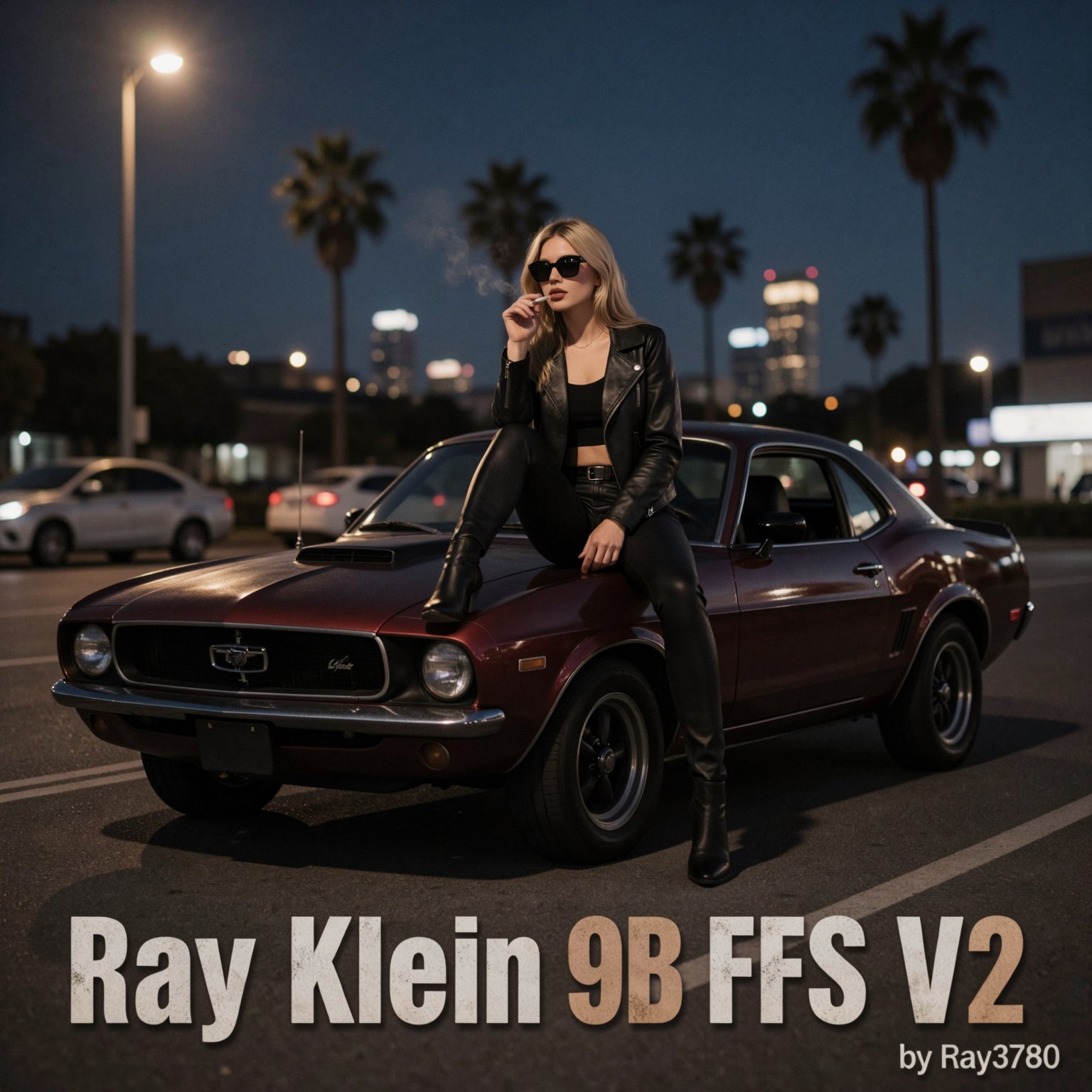 Dark gritty picture of LA at night with blackred muscle car with pretty blonde woman sitting on top smoking a cigarette we...