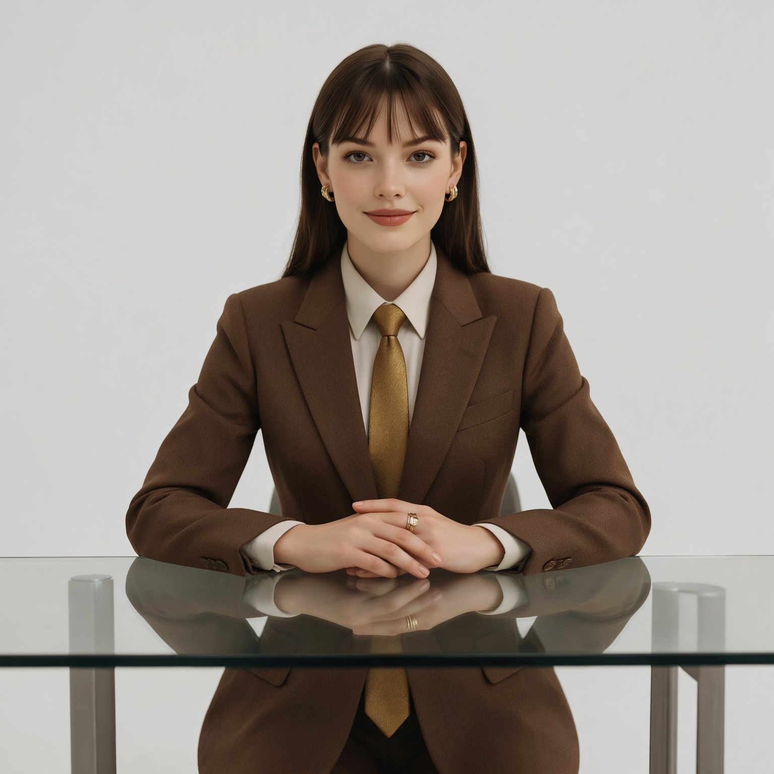 一位身着棕色西装、系着金色领带的女士,  风格现代而又不失个性,  双手交叠放在一张玻璃办公桌上。她佩戴着金色耳环和戒指。背景一片纯白 by RAY3780 on Tensor.Art