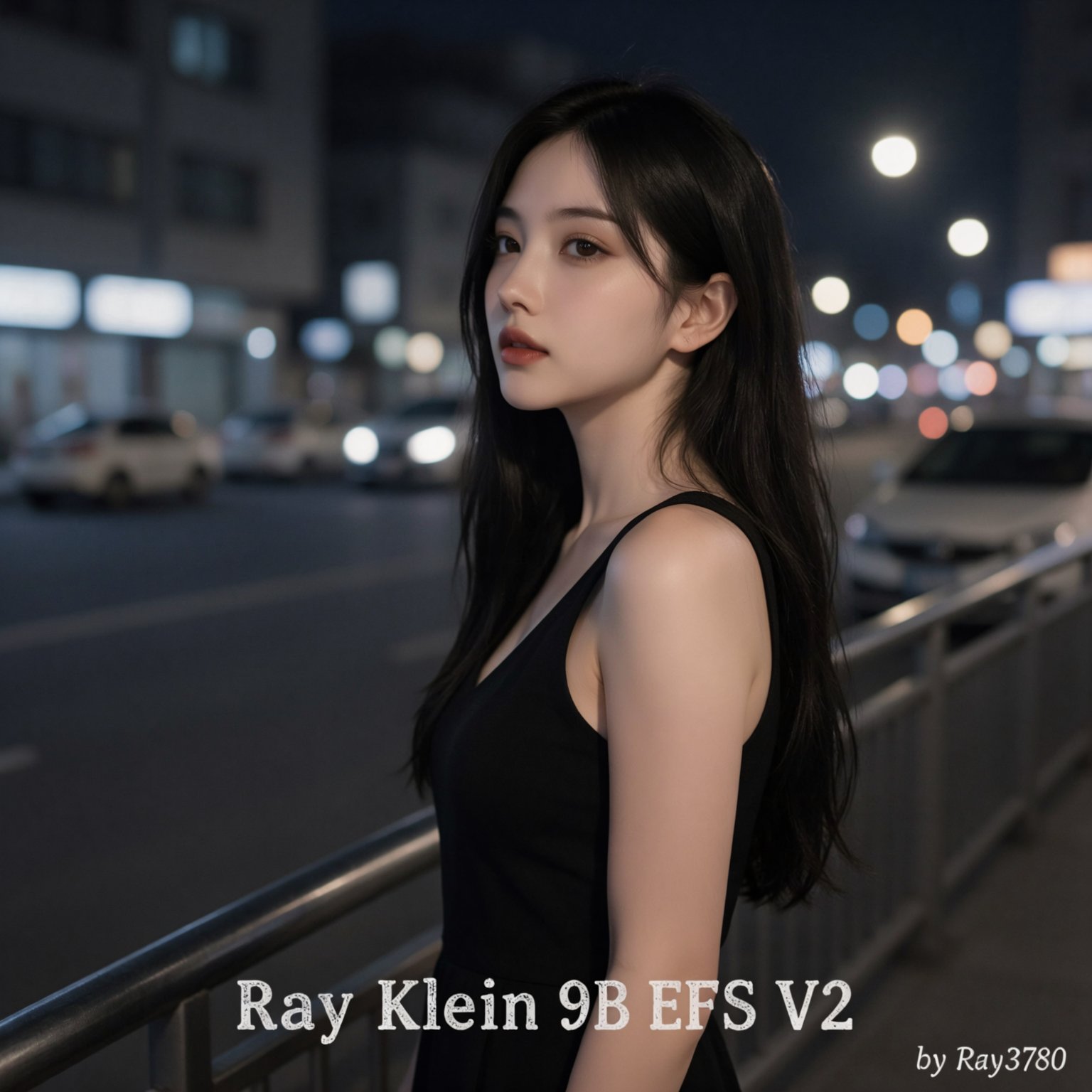 一位年轻女性侧身站立在夜晚的城市街头,  她有着乌黑柔顺的长发,  发丝自然垂落 by RAY3780 on Tensor.Art