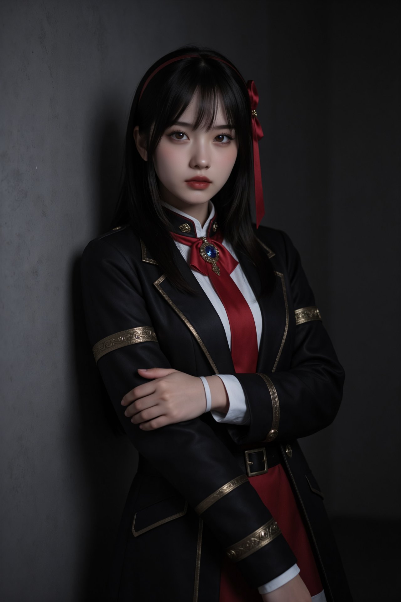 专业摄影,  网红脸,  一位装扮成玛奇玛(Makima)的年轻亚洲女性coser。她靠着墙壁 by RAY3780 on Tensor.Art