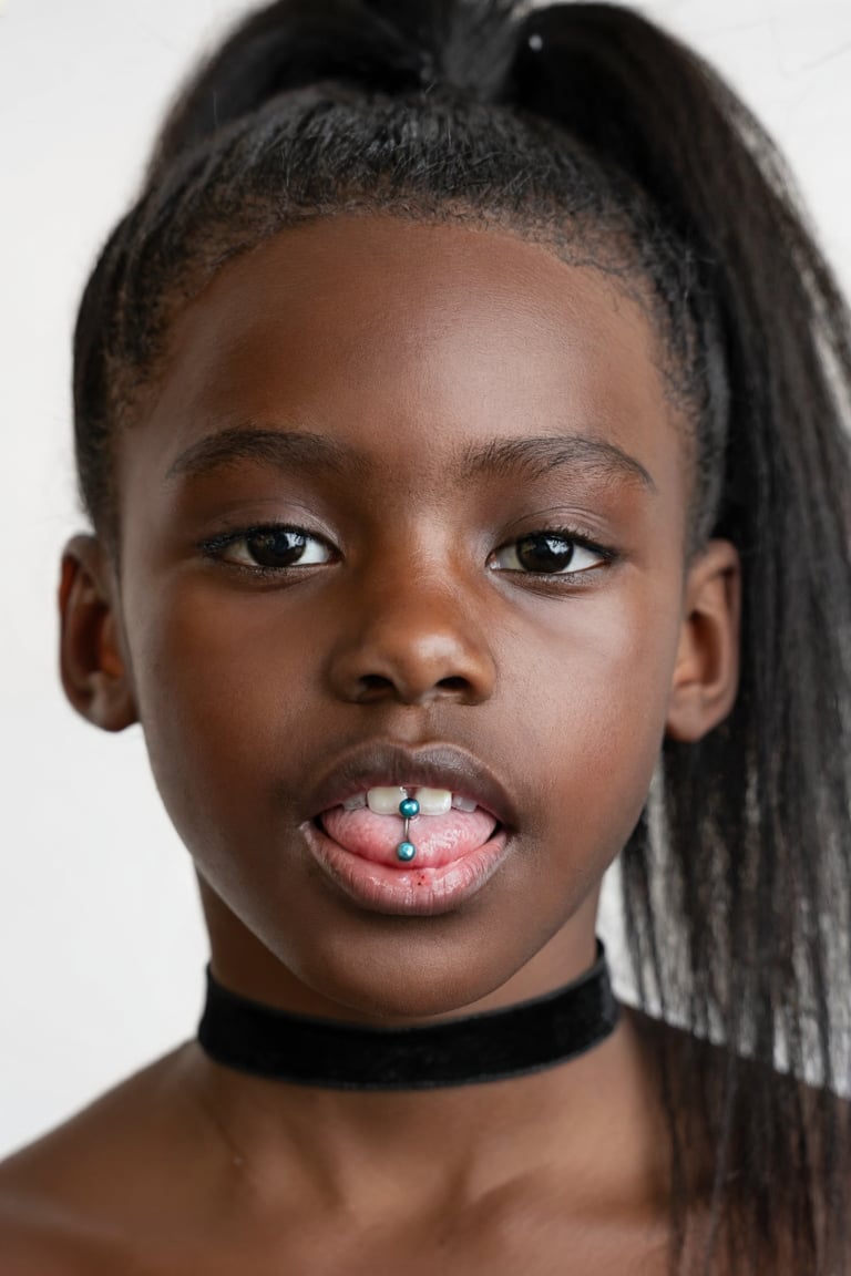 Close-up portrait of a young girl,  HassieHotkins. She is wearing a black choker,  her hair is in a ponytail by turnbo on...
