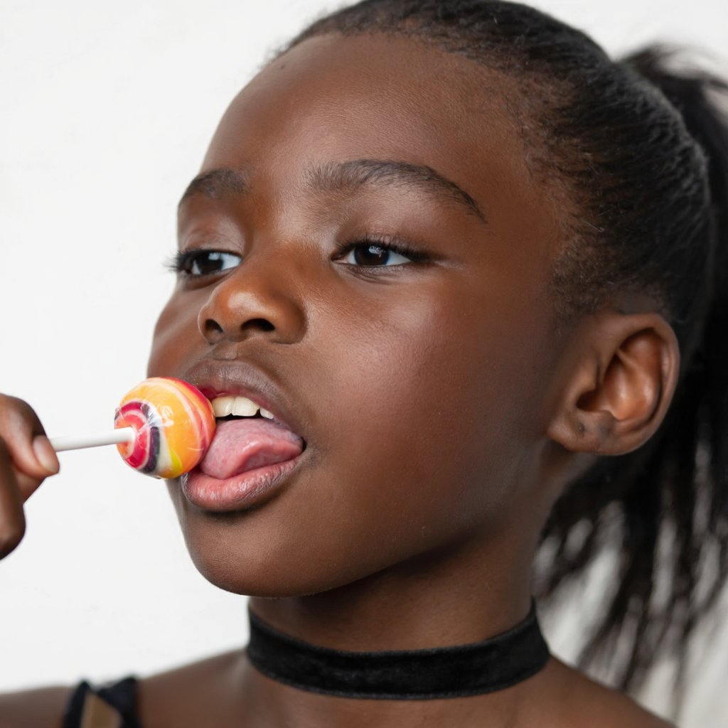 Close-up portrait of HassieHotkins. She is wearing a black choker,  her hair is in a ponytail,  and she is licking a lolli...
