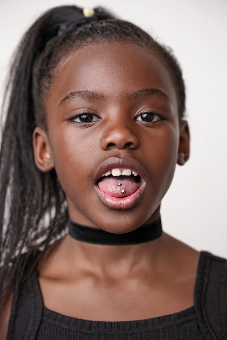 Close-up portrait of a young girl,  HassieHotkins. She is wearing a black choker,  her hair is in a ponytail by turnbo on...