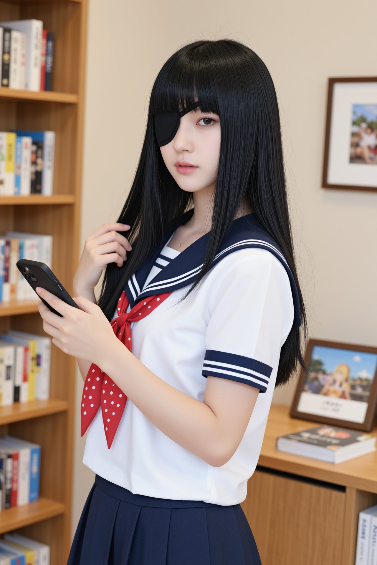 画幅比例 2:3,  主体为一位气质清冷的年轻东亚女高中生,  造型是乌黑顺滑的齐刘海黑长直 by RAY3780 on Tensor.Art