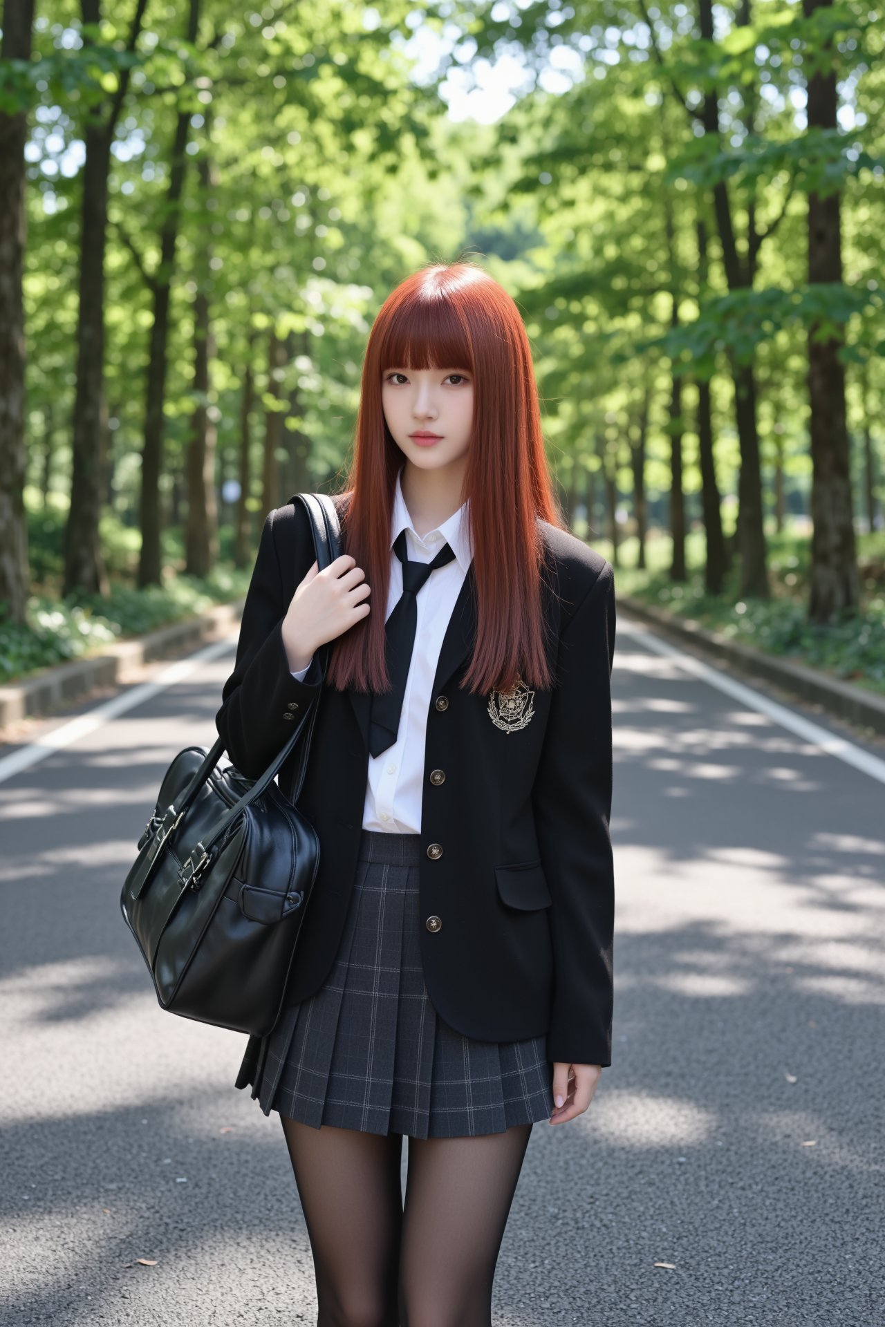 画幅比例 2:3,  主体为一位气质清冷甜美的年轻东亚女高中生,  造型是一头顺滑的红棕色 (#CD5C5C) 齐刘海长直发 by RAY3780 on Tensor.Art