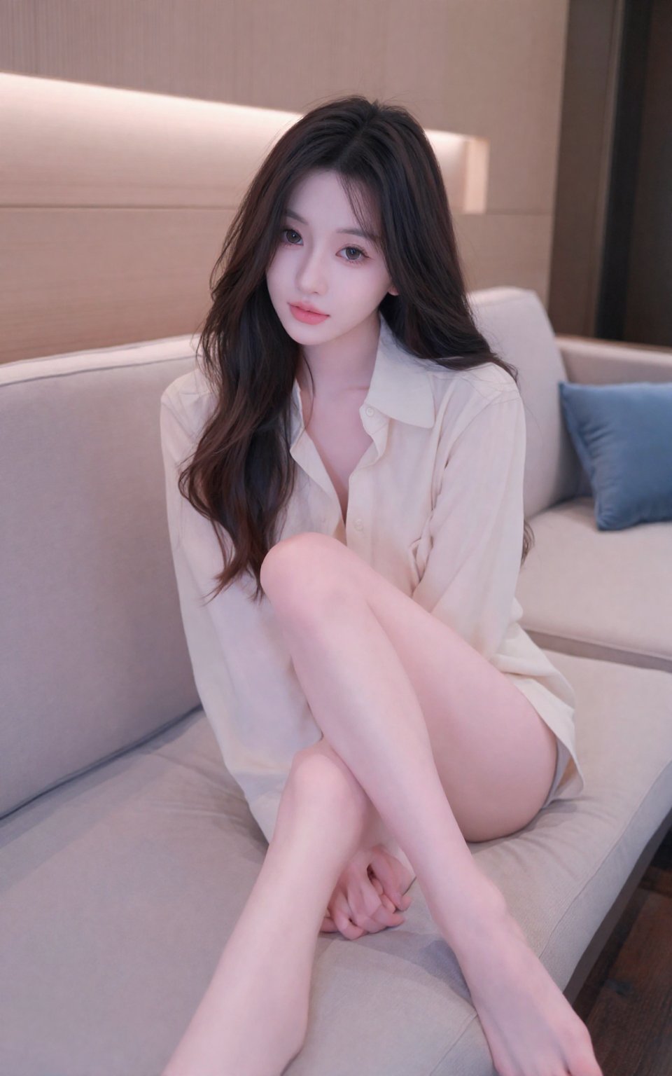 The photograph features a young woman with fair skin and long,  wavy brown hair with bangs,  sitting on a beige couch in a...
