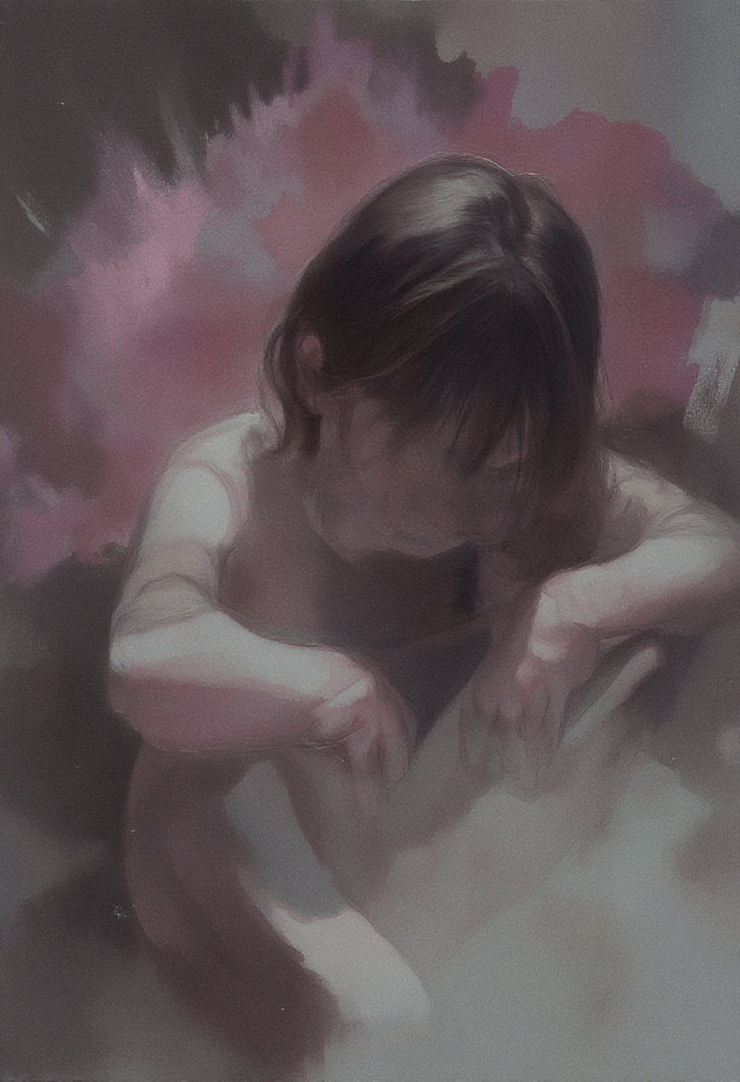 softwatercolor,  a raw,  emotional depiction of a woman seated with her elbows resting on her knees by riiwa on Tensor.Art